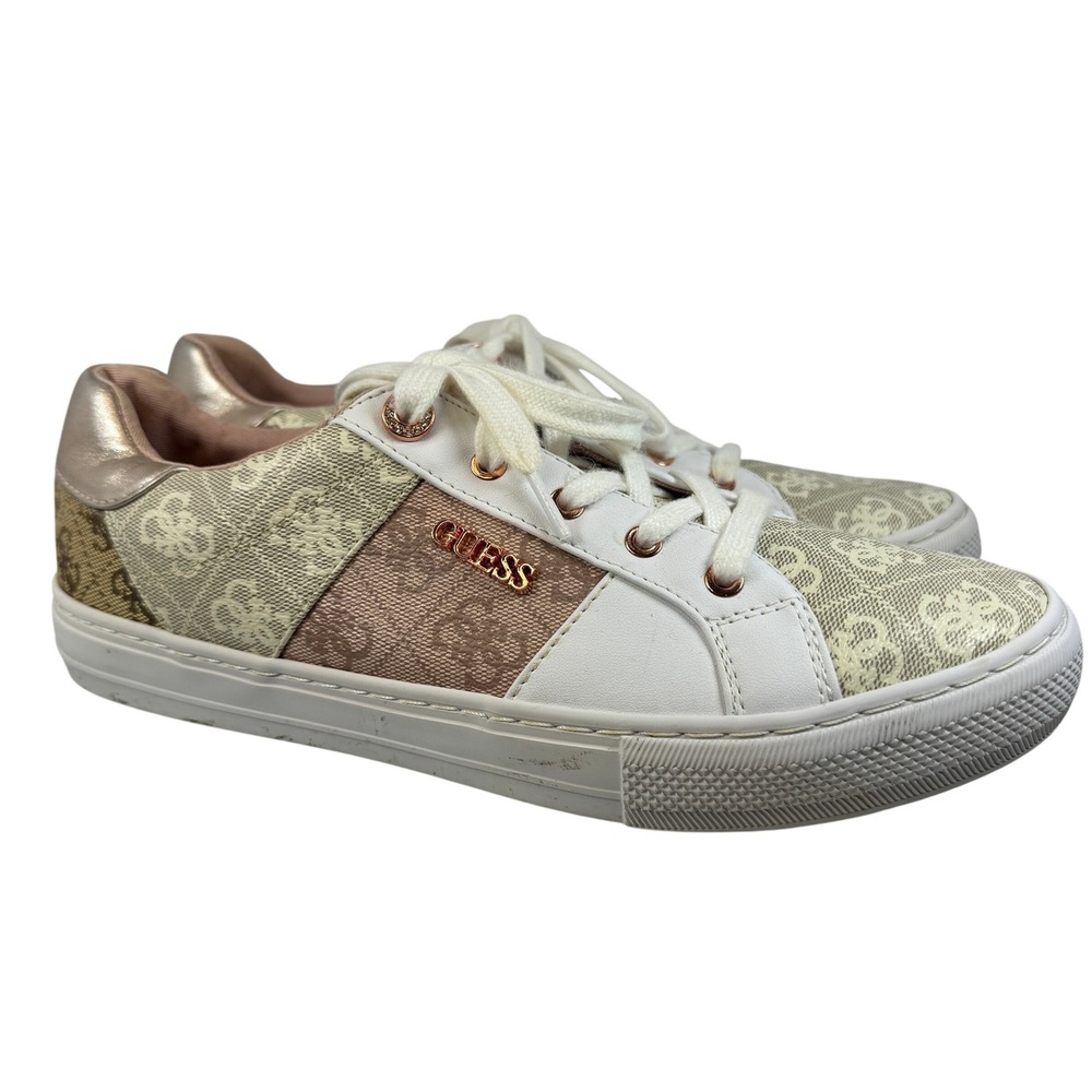 Guess GWLOVEN3 Women's Logo Patchwork Lace-Up Sneakers Gold/White Size 10